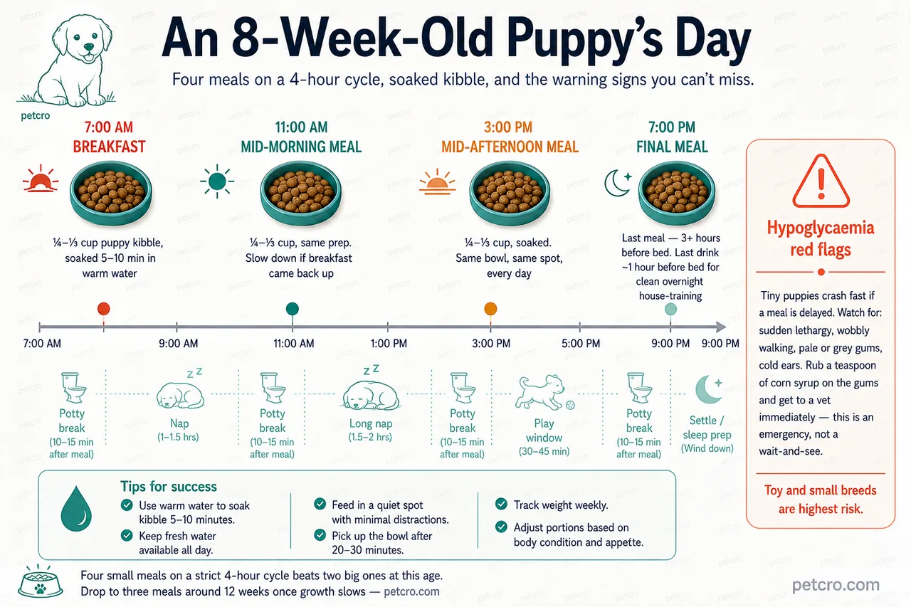 Daily feeding schedule for an 8-week-old puppy on a strict 4-hour cycle: 7:00 AM breakfast, 11:00 AM mid-morning meal, 3:00 PM mid-afternoon meal, 7:00 PM final meal — each ¼ to ⅓ cup soaked in warm water for 5 to 10 minutes. Below the timeline a sub-track shows potty breaks 10 to 15 minutes after each meal, naps between meals, and a 30-to-45-minute play window after the 3 PM meal. A side callout lists hypoglycaemia red flags — sudden lethargy, wobbly walking, pale or grey gums, cold ears — with the corn-syrup-on-gums emergency response. Toy and small breeds are flagged as highest risk