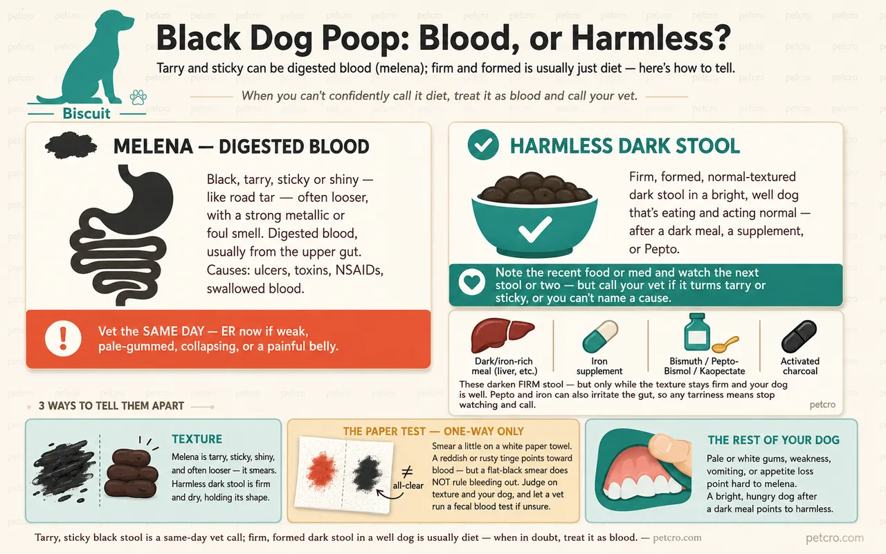 Decode for black dog poop: is it digested blood (melena) or something harmless? MELENA, digested blood: black, tarry, sticky or shiny like road tar, often looser, with a strong metallic or foul smell, usually from the upper gut, caused by ulcers, toxins, NSAIDs, or swallowed blood — vet the same day, ER if weak, pale-gummed, collapsing, or a painful belly. HARMLESS DARK STOOL: firm, formed, normal-textured dark stool in a bright, well dog that's eating and acting normal after a dark meal, a supplement, or Pepto — note the food or med and watch the next stool or two, but call the vet if it turns tarry or sticky or you can't name a cause. Harmless causes: a dark or iron-rich meal, an iron supplement, bismuth (Pepto-Bismol or Kaopectate), or activated charcoal, which darken firm stool only while it stays firm and the dog is well. Three ways to tell them apart: texture (melena is tarry and smears, harmless dark stool is firm and dry), a one-way paper test (a reddish tinge points to blood, but a flat-black smear does NOT rule bleeding out), and the rest of the dog (pale gums, weakness, vomiting, or appetite loss point to melena). When you can't confidently call it diet, treat it as blood and call your vet.