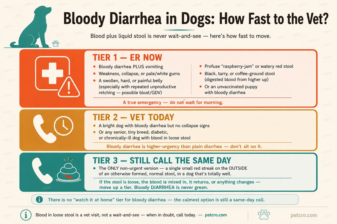 Urgency triage for bloody diarrhea in dogs — how fast to get to the vet. Three tiers. Red, ER NOW: bloody diarrhea plus vomiting; weakness, collapse, or pale gums; a swollen, hard, or painful belly (especially with repeated unproductive retching, a possible bloat emergency); profuse raspberry-jam or watery red stool; black, tarry, or coffee-ground stool (digested blood from higher up the tract); or an unvaccinated puppy with bloody diarrhea — a true emergency, do not wait for morning. Amber, VET TODAY: a bright dog with bloody diarrhea but no collapse signs, or any senior, tiny-breed, diabetic, or chronically-ill dog with blood in loose stool — bloody diarrhea is higher-urgency than plain diarrhea. Teal, STILL CALL THE SAME DAY: the only non-urgent version is a single small red streak on the outside of an otherwise formed, normal stool in a totally well dog — and if the stool is loose, the blood is mixed through it, it returns, or anything changes, move up a tier. Bloody diarrhea, meaning blood plus liquid stool, is never a watch-at-home situation.