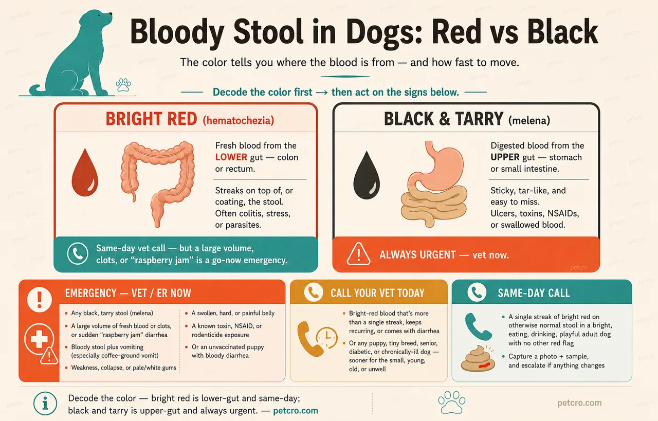 Decode guide for bloody stool in dogs — what the color tells you and how urgent it is. Two patterns. BRIGHT RED (hematochezia): fresh blood from the lower gut (colon or rectum), seen as streaks on top of or coating the stool; often colitis, stress, or parasites; a same-day vet call, but a large volume, clots, or 'raspberry jam' diarrhea is a go-now emergency. BLACK AND TARRY (melena): digested blood from the upper gut (stomach or small intestine), sticky and tar-like and easy to miss; caused by ulcers, toxins, NSAIDs, or swallowed blood; always urgent — vet now. Urgency tiers: emergency now for any black/tarry stool, a large volume of fresh blood or clots, bloody stool with vomiting (especially coffee-ground vomit), weakness, collapse, pale gums, a swollen or painful belly, a toxin/NSAID/rodenticide exposure, or an unvaccinated puppy; call the vet today for bright-red blood that is more than a single streak, keeps recurring, or comes with diarrhea, or any puppy, tiny, senior, diabetic, or unwell dog; a same-day call for a single streak of bright red on otherwise normal stool in a bright, well adult dog.