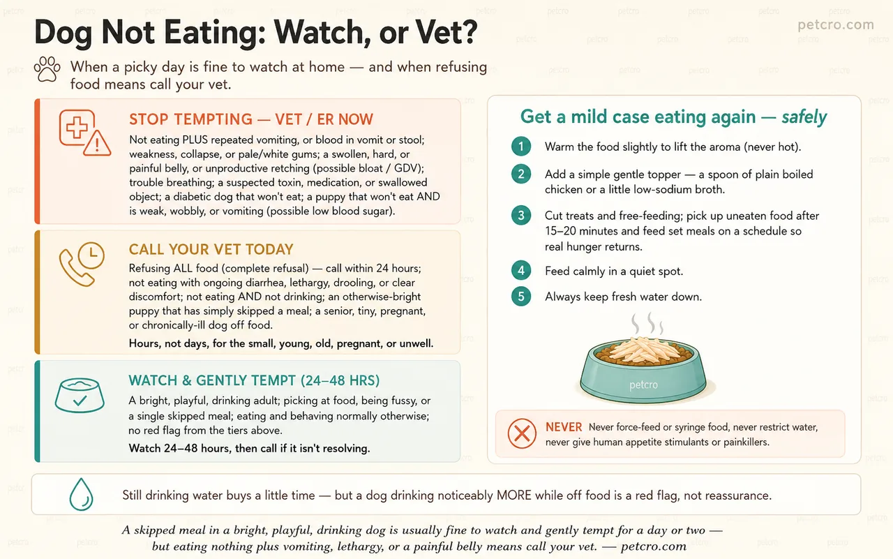 Triage for a dog that won't eat, with three urgency tiers and safe home tips. STOP TEMPTING — VET / ER NOW: not eating plus repeated vomiting or blood in vomit or stool, weakness, collapse, or pale/white gums, a swollen hard or painful belly or unproductive retching (possible bloat/GDV), trouble breathing, a suspected toxin, medication, or swallowed object, a diabetic dog that won't eat, or a puppy that won't eat and is also weak, wobbly, or vomiting (possible low blood sugar). CALL YOUR VET TODAY: refusing all food within 24 hours, not eating with ongoing diarrhea, lethargy, drooling, or discomfort, not eating and not drinking, an otherwise-bright puppy that skipped a meal, or a senior, tiny, pregnant, or chronically-ill dog off food — hours not days for the small, young, old, pregnant, or unwell. WATCH & GENTLY TEMPT (24 to 48 hours): a bright, playful, drinking adult picking at food or a single skipped meal with no red flag, then call if it isn't resolving. Get a mild case eating again safely: warm the food for aroma (never hot), add a gentle topper of plain boiled chicken or low-sodium broth, cut treats and free-feeding and feed set meals on a schedule, feed calmly in a quiet spot, and always keep fresh water down. Never force-feed or syringe food, never restrict water, never give human appetite stimulants or painkillers. Still drinking water buys a little time, but a dog drinking noticeably more while off food is a red flag, not reassurance.