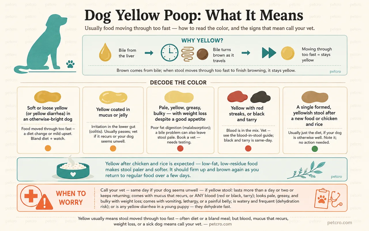 Decode for yellow dog poop. Why yellow happens: brown comes from bile as stool travels, so when stool moves through too fast to finish browning, it stays yellow. Five scenarios: soft or loose yellow (or yellow diarrhea) in an otherwise-bright dog means food moved through too fast from a diet change or mild upset, so a bland diet and watch; yellow coated in mucus or jelly means lower-gut irritation (colitis), usually passing, vet if it recurs or the dog seems unwell; pale, yellow, greasy, bulky stool with weight loss despite a good appetite means poor fat digestion (malabsorption), and a bile problem can also leave stool pale, so book a vet for testing; yellow with red streaks or black and tarry means blood is in the mix, so a vet, and black and tarry is same-day; a single formed yellowish stool after a new food or chicken and rice is usually just the diet if the dog is otherwise well. Yellow after chicken and rice is expected because low-fat, low-residue food makes stool paler and softer, and it should firm up and brown again as regular food returns. Call the vet if yellow stool lasts more than a day or two or keeps returning, comes with recurring mucus or any blood, looks pale greasy and bulky with weight loss, comes with vomiting, lethargy, or a painful belly, is watery and frequent, or is any yellow diarrhea in a young puppy.