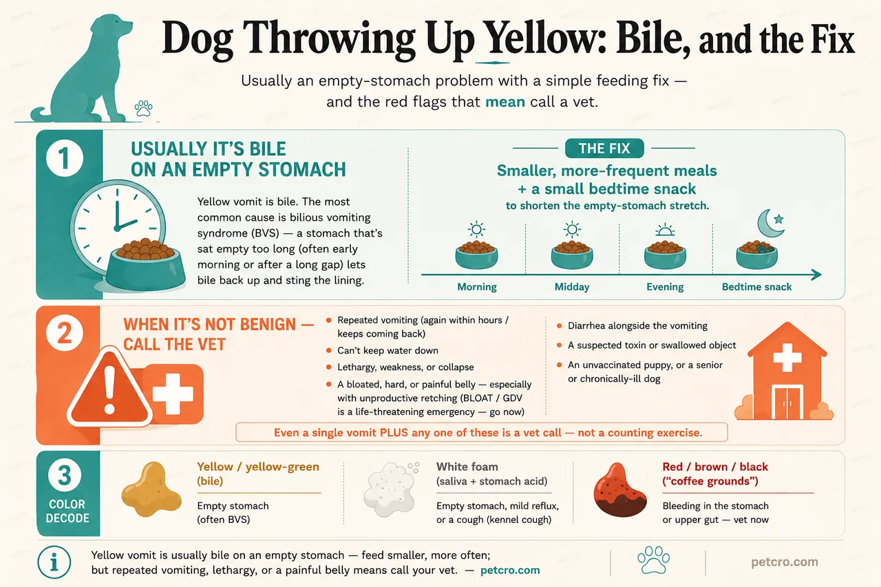 Guide to a dog throwing up yellow — bile, the feeding fix, and the red flags. Yellow vomit is bile; the most common cause is bilious vomiting syndrome, where a stomach that has sat empty too long lets bile back up — eased by feeding smaller, more-frequent meals plus a small bedtime snack. Call the vet when it is NOT benign: repeated vomiting, can't keep water down, lethargy or collapse, a bloated/hard/painful belly (especially with unproductive retching, which can mean bloat/GDV, an emergency), diarrhea alongside it, a suspected toxin or swallowed object, or an unvaccinated puppy or senior/chronically-ill dog — even a single vomit plus any one red flag is a vet call. Color decode: yellow or yellow-green means bile (empty stomach, often BVS); white foam means saliva and stomach acid (empty stomach, mild reflux, or kennel cough); red, brown, black, or coffee-ground means blood — vet now.