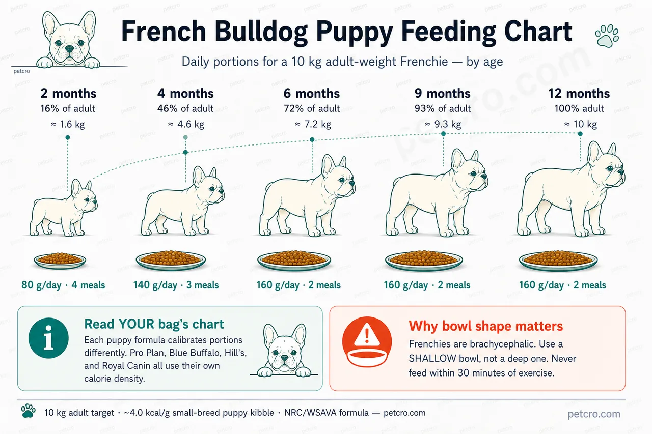French Bulldog puppy feeding chart timeline — five growth stages from 2 to 12 months for a 10 kg adult-weight Frenchie. At 2 months a 1.6 kg puppy needs 80 g/day across 4 meals; at 4 months a 4.6 kg puppy needs 140 g/day on 3 meals; at 6 months a 7.2 kg puppy needs 160 g/day on 2 meals; at 9 months a 9.3 kg puppy needs 160 g/day on 2 meals; at 12 months a 10 kg dog needs 160 g/day on 2 meals. Includes a callout that Frenchies are brachycephalic — short-faced — so a shallow saucer-style bowl is required and feeding within 30 minutes of exercise should be avoided.