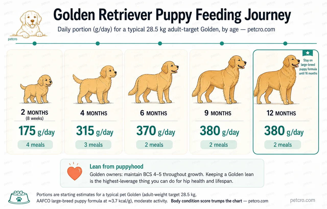 Golden Retriever puppy feeding chart timeline — five growth stages from 2 to 12 months for a 28.5 kg adult-weight Golden. At 2 months (8 weeks) the puppy needs 175 g/day across 4 meals; at 4 months 315 g/day on 3 meals; at 6 months 370 g/day on 2 meals; at 9 months 380 g/day on 2 meals; at 12 months 380 g/day on 2 meals with a 