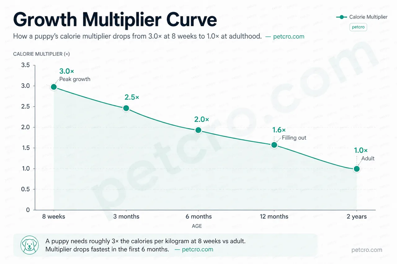 Growth multiplier curve — a puppy's calorie needs drop from 3.0× adult at 8 weeks to 1.0× at 2 years, with the steepest drop in the first 6 months