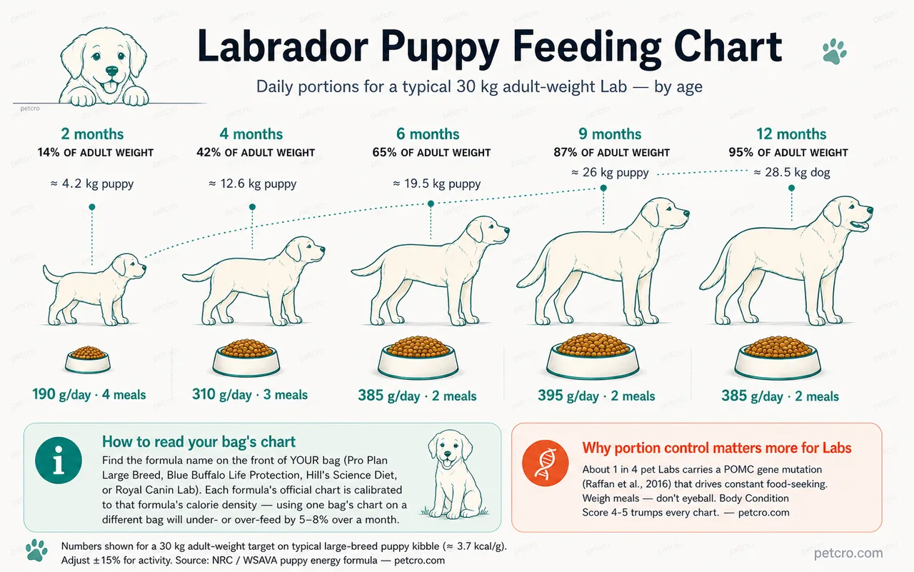 Labrador puppy feeding chart timeline — five growth stages from 2 to 12 months for a 30 kg adult-weight Lab. At 2 months a 4.2 kg puppy needs 190 g/day across 4 meals; at 4 months a 12.6 kg puppy needs 310 g/day on 3 meals; at 6 months a 19.5 kg puppy needs 385 g/day on 2 meals; at 9 months a 26 kg puppy needs 395 g/day on 2 meals; at 12 months a 28.5 kg dog needs 385 g/day on 2 meals. Includes a callout that about 1 in 4 pet Labs carries a POMC gene mutation driving constant food-seeking, so portions must be weighed not eyeballed.