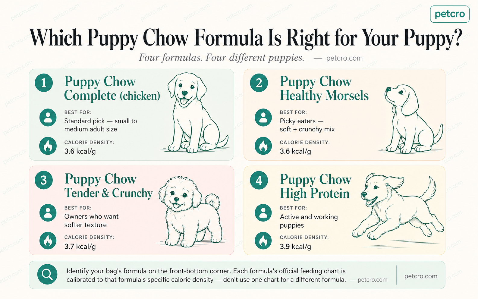 Purina Puppy Chow formula comparison — four cards showing Puppy Chow Complete chicken (3.6 kcal/g, standard small to medium adult size), Puppy Chow Healthy Morsels (3.6 kcal/g, picky eaters with soft and crunchy mix), Puppy Chow Tender & Crunchy (3.7 kcal/g, owners who want softer texture), and Puppy Chow High Protein (3.9 kcal/g, active and working puppies)
