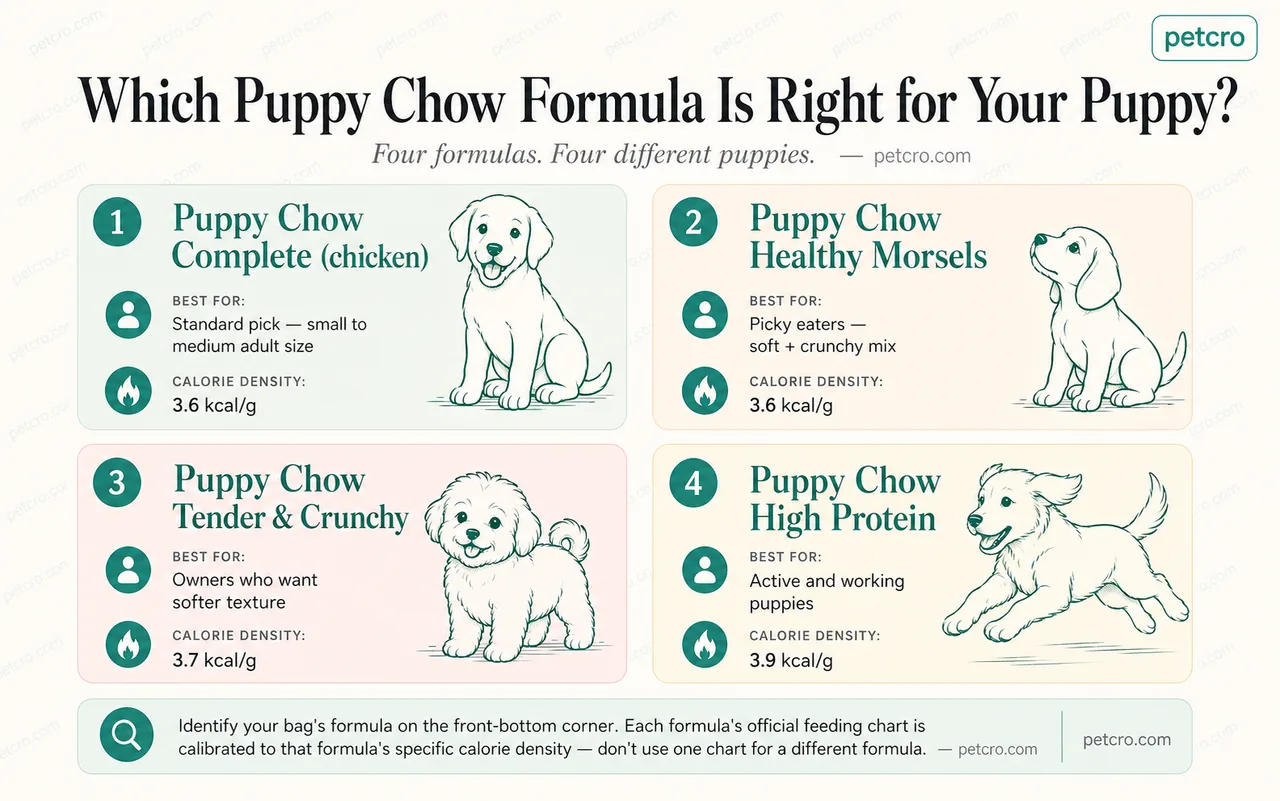 Purina Puppy Chow formula comparison — four cards showing Puppy Chow Complete chicken (3.6 kcal/g, standard small to medium adult size), Puppy Chow Healthy Morsels (3.6 kcal/g, picky eaters with soft and crunchy mix), Puppy Chow Tender & Crunchy (3.7 kcal/g, owners who want softer texture), and Puppy Chow High Protein (3.9 kcal/g, active and working puppies)