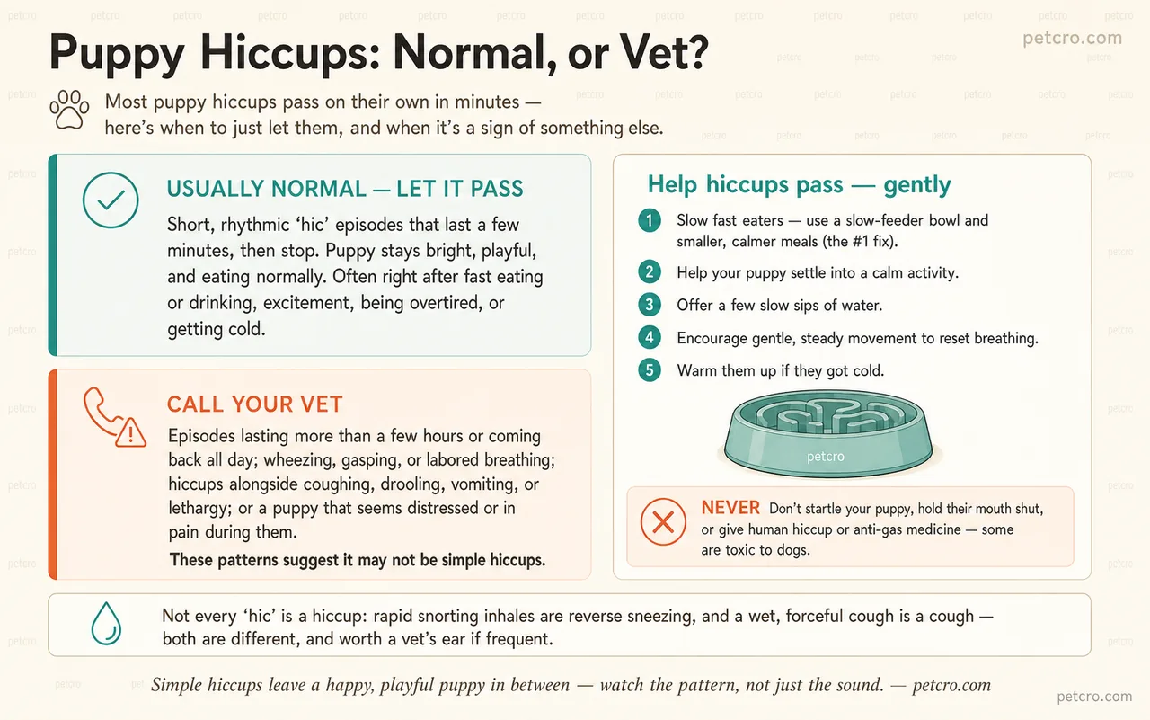 When puppy hiccups are normal versus when to call the vet, with gentle steps to help an episode pass. USUALLY NORMAL — LET IT PASS: short, rhythmic 'hic' episodes that last a few minutes then stop, in a puppy that stays bright, playful, and eating normally, often right after fast eating or drinking, excitement, being overtired, or getting cold. CALL YOUR VET: episodes lasting more than a few hours or coming back all day, wheezing, gasping, or labored breathing, hiccups alongside coughing, drooling, vomiting, or lethargy, or a puppy that seems distressed or in pain during them — these patterns suggest it may not be simple hiccups. Help hiccups pass gently: slow fast eaters with a slow-feeder bowl and smaller, calmer meals (the number one fix), help your puppy settle into a calm activity, offer a few slow sips of water, encourage gentle steady movement to reset breathing, and warm them up if they got cold. Never startle your puppy, hold their mouth shut, or give human hiccup or anti-gas medicine — some are toxic to dogs. Not every 'hic' is a hiccup: rapid snorting inhales are reverse sneezing and a wet, forceful cough is a cough, both different and worth a vet's ear if frequent.