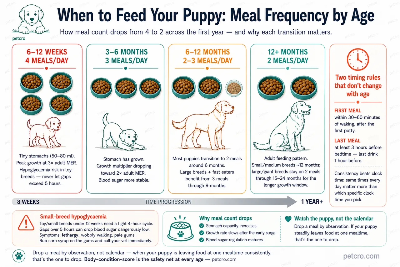 Four-stage progression of puppy meal frequency by age — 6 to 12 weeks: 4 meals/day with tiny stomachs and peak 3x adult MER growth; 3 to 6 months: 3 meals/day with growth multiplier dropping toward 2x adult MER; 6 to 12 months: 2 to 3 meals/day with most puppies transitioning to 2 around 6 months, large breeds staying on 3 through 9 months; 12+ months: 2 meals/day adult feeding pattern, large/giant breeds through 15 to 24 months. Side callout covers the two timing rules: first meal within 30 to 60 minutes of waking, last meal at least 3 hours before bedtime. A hypoglycaemia callout warns toy and small breeds under 12 weeks need a tight 4-hour cycle, gaps over 5 hours can drop blood sugar dangerously low. Symptoms: lethargy, wobbly walking, pale gums