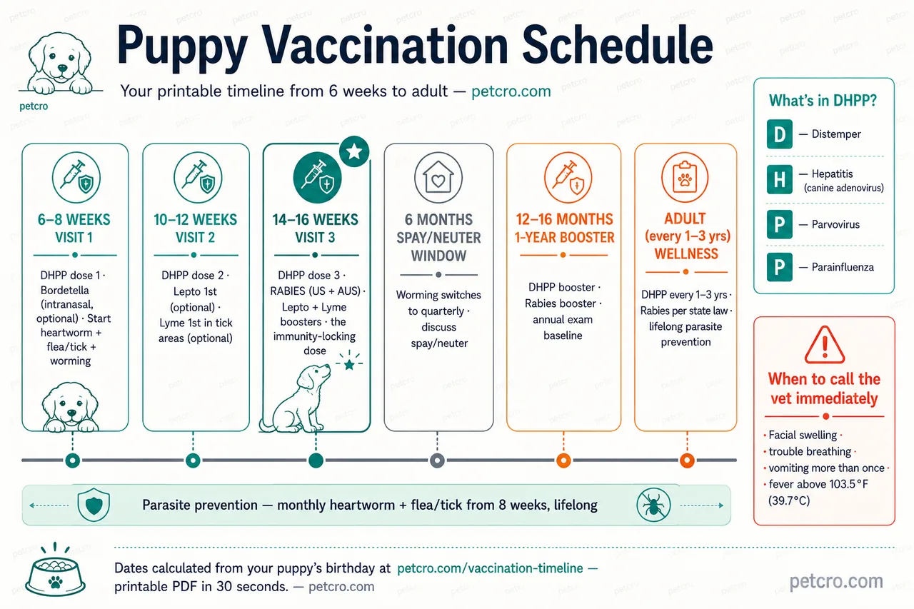 Puppy vaccination schedule timeline from 6 weeks to adult. Six stations: 6-8 weeks Visit 1 (DHPP dose 1, optional Bordetella, start heartworm + flea/tick + worming); 10-12 weeks Visit 2 (DHPP dose 2, optional Lepto 1st and Lyme 1st in tick areas); 14-16 weeks Visit 3 marked critical with star (DHPP dose 3, RABIES for US and AUS, Lepto and Lyme boosters, the immunity-locking dose); 6 months spay/neuter window (worming switches to quarterly); 12-16 months 1-year booster (DHPP and Rabies boosters, annual exam baseline); Adult every 1-3 years wellness (DHPP every 1-3 years, Rabies per state law, lifelong parasite prevention). Continuous parasite prevention strip below the timeline reads: monthly heartworm + flea/tick from 8 weeks, lifelong. DHPP decoder callout: D Distemper, H Hepatitis canine adenovirus, P Parvovirus, P Parainfluenza. When to call the vet immediately callout: facial swelling, trouble breathing, vomiting more than once, fever above 103.5 F (39.7 C)