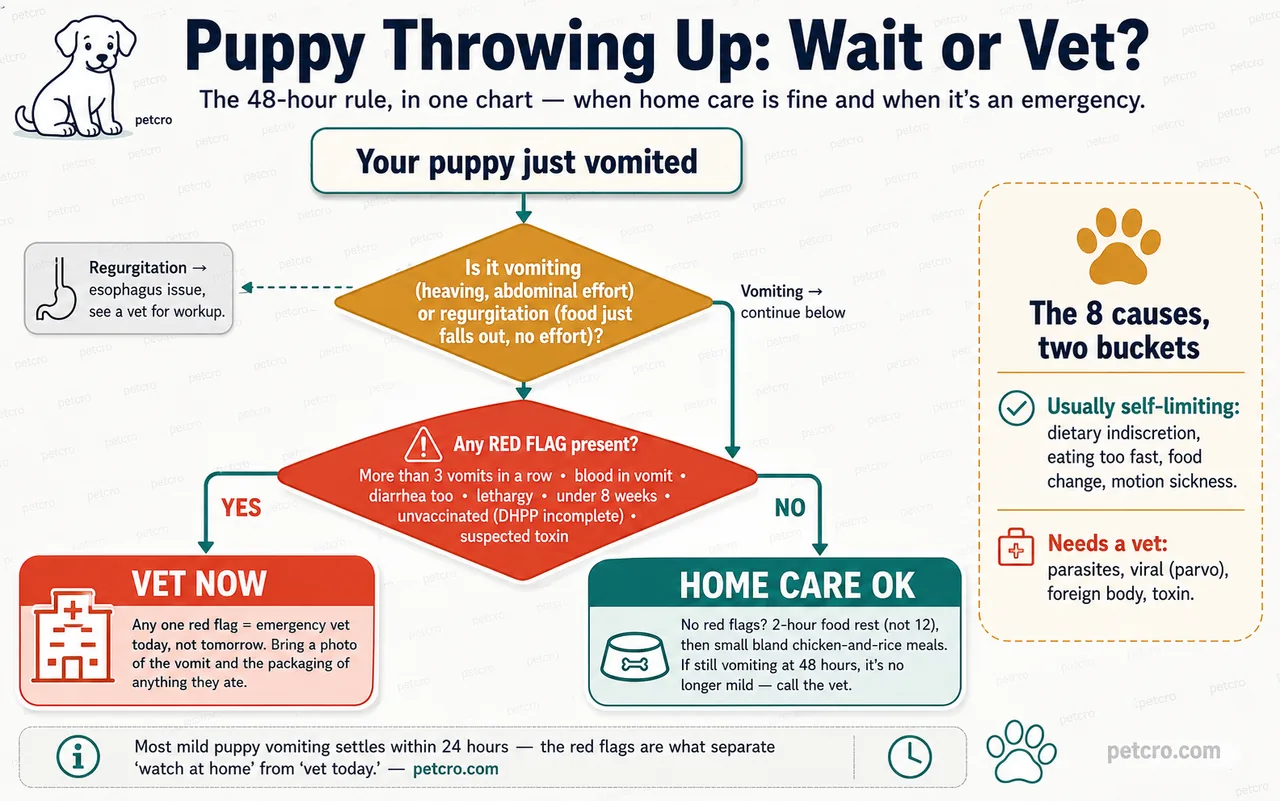 Decision tree for whether a puppy throwing up needs the vet. Start node: your puppy just vomited. First decision (golden brown diamond): is it vomiting (heaving, abdominal effort) or regurgitation (food just falls out, no effort)? Regurgitation branches off to an esophagus issue needing a vet workup; vomiting continues below. Second decision (coral diamond) with a warning triangle: any RED FLAG present — more than 3 vomits in a row, blood in vomit, diarrhea too, lethargy, under 8 weeks, unvaccinated with DHPP incomplete, or suspected toxin. YES leads to a coral VET NOW card (any one red flag means emergency vet today, not tomorrow; bring a photo of the vomit and the packaging of anything they ate). NO leads to a teal HOME CARE OK card (2-hour food rest not 12, then small bland chicken-and-rice meals; if still vomiting at 48 hours it is no longer mild, call the vet). Side callout: the 8 causes in two buckets — usually self-limiting (dietary indiscretion, eating too fast, food change, motion sickness) versus needs a vet (parasites, viral parvo, foreign body, toxin).