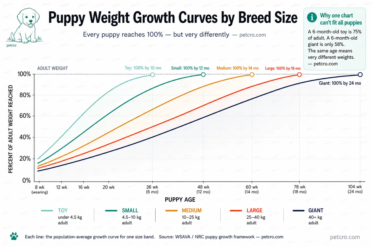 Puppy weight growth curves by breed size — five lines on one chart showing how each size band reaches 100% of adult weight at a different age. Toy breeds reach 100% by 10 months, small by 12 months, medium by 14 months, large by 18 months, and giant breeds by 24 months. At 6 months, a toy puppy is 75% of adult weight while a giant puppy is only 58% — the same age means very different weights, which is why a single puppy weight chart cannot fit all puppies.