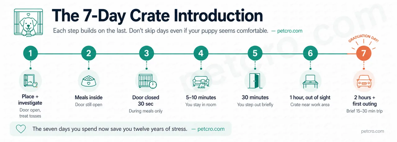 The 7-day crate introduction schedule: day 1 place and investigate, day 2 meals inside, day 3 door closed 30 seconds, day 4 five to ten minutes, day 5 thirty minutes, day 6 one hour out of sight, day 7 two hours plus first outing (graduation day, highlighted in coral)