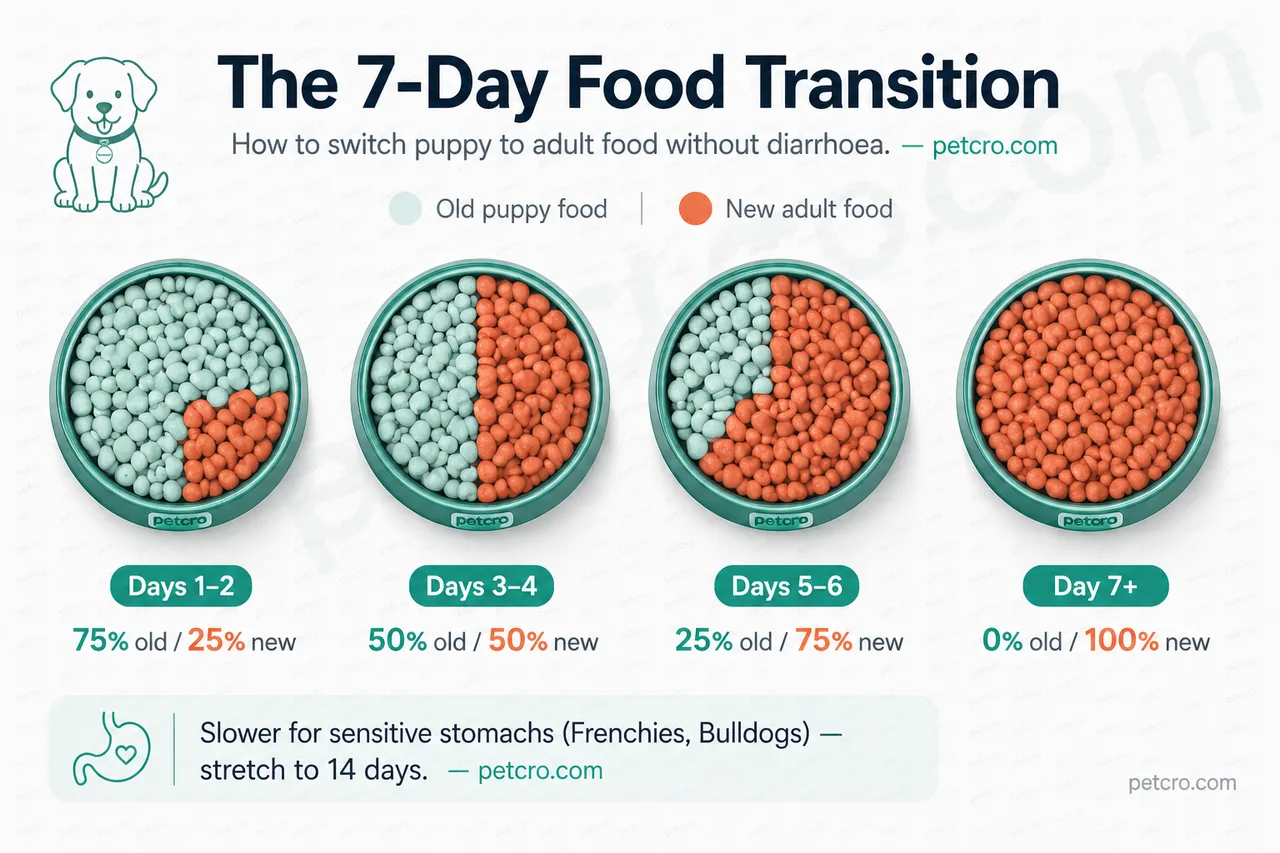 The 7-day food transition: four bowls showing how to switch puppy to adult food gradually — 75/25 on days 1-2, 50/50 on days 3-4, 25/75 on days 5-6, then 100% adult food from day 7