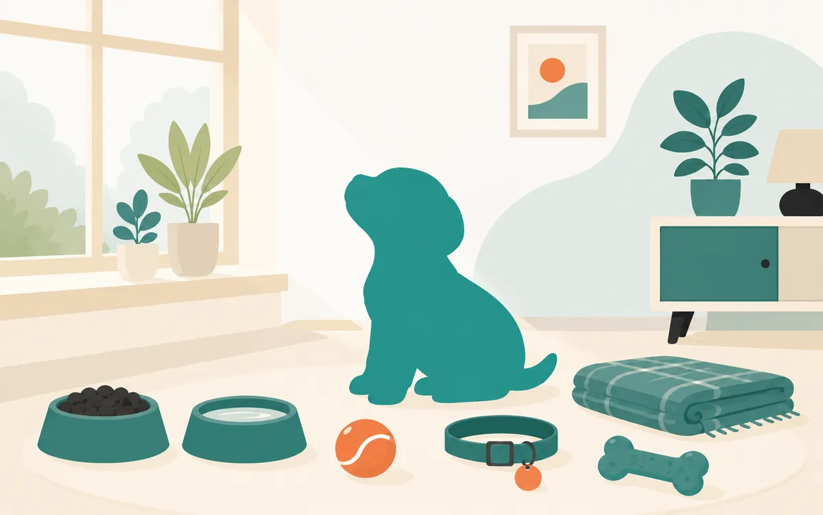 Illustration: a puppy sits in a sunlit living room beside its new supplies — food and water bowls, a ball, a collar, a folded blanket and a chew toy.